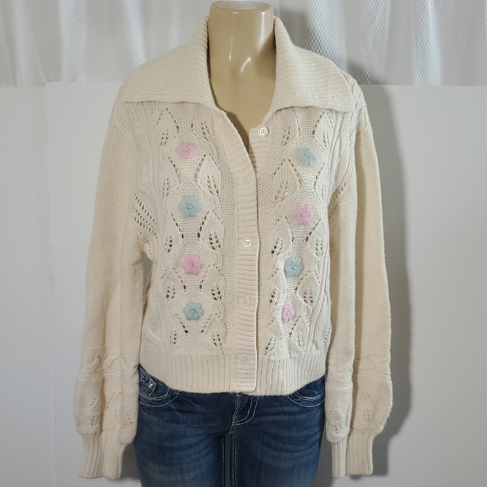 And & Other Stories Floral Embroidery Cardigan Wool & Alpaca Cream Size M